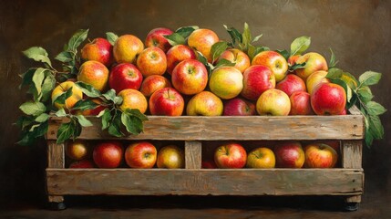 Apples in a rustic market crate, piled high with vibrant colors and green leaves