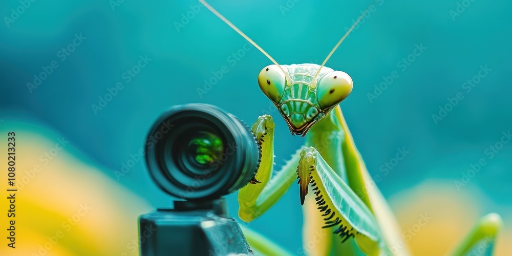Poster close-up of a praying mantis holding a tiny camera, creating a unique perspective of nature with vib