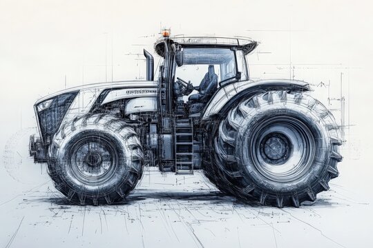 This Technical Sketch Illustrates A Modern Tractor From A Side View, Highlighting Its Structural Design, Engine Components, And Tire Details, Perfect For Engineers Or Agricultural Enthusiasts.