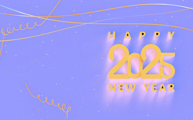 Happy new year 2025; simple geometric text on light purple background with copy space and confetti, 3d rendering, 3d illustration