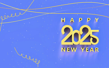 Happy new year 2025; simple geometric text on light blue background with copy space, ribbons and confetti, 3d rendering, 3d illustration