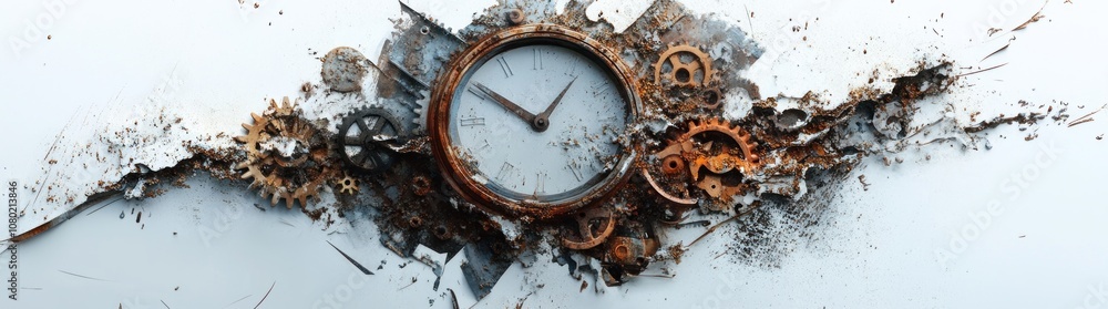 Aufkleber a clock surrounded by rusted gears, symbolizing the passage of time and decay.