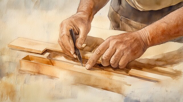 Gentle Watercolor Illustration of a Carpenter's Hands Working on Woodcraft with Precision and Care in a Soft and Artistic Style