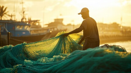 A man is standing in front of a large green net