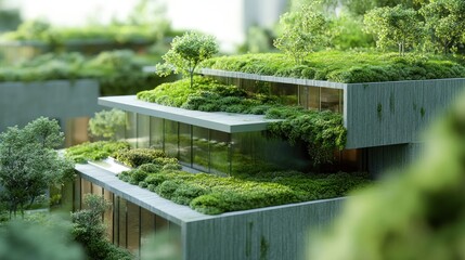 Modern architecture with green roof and lush greenery.