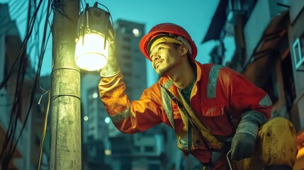 Obraz premium Urban Worker Fixing Streetlight at Dusk