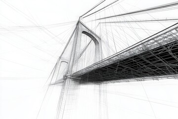 Fototapeta premium This technical sketch illustrates a modern suspension bridge, showcasing detailed structural elements and engineering features.