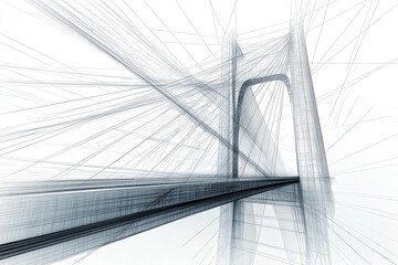 Fototapeta premium This technical sketch illustrates a detailed suspension bridge design, highlighting the complex arrangement of cables and supports.