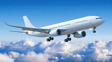 Obraz premium Modern White Passenger Airplane Soaring Gracefully Through a Bright Cloudy Sky on a Sunny Day
