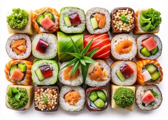 Aerial Photography of Sushi Rolls Set Isolated on Transparent Background with Various Fillings, Garnishes, and Colors for Culinary Art and Food Presentation