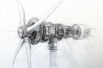 This technical sketch illustrates a modern wind turbine, featuring detailed components like blades and rotor, emphasizing its engineering design and structure for energy generation.