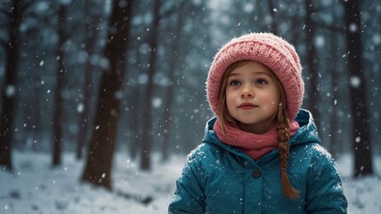 A young girl with braided hair, wearing a pink hat and blue jacket, gazes at the gently falling snow in the forest.