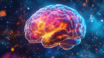 A glowing, vibrant human brain with sparks and light emanating from it against a dark blue background.