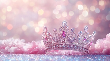 A pink and gold tiara with pink stones on it sits on a table