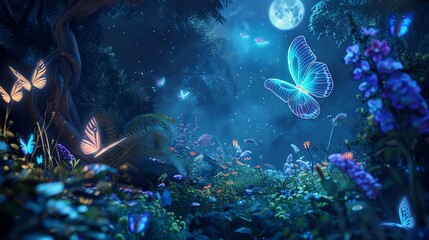 A magical forest at night with glowing butterflies and a full moon.