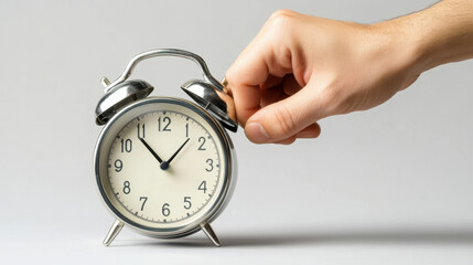 Hand Reaching to Turn Off Alarm Clock Snooze Button in Bright Light with Clear Time Display on Simple Background for Sleep and Routine Illustrations