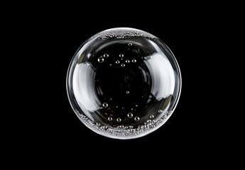 A transparent liquid sphere with soap bubbles inside, creating a glass-like look, enhanced by reflections that add depth and shine.