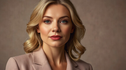 Naklejka premium Portrait of a blonde woman with curly hair wearing a blush blazer, smiling softly in a soft backdrop.
