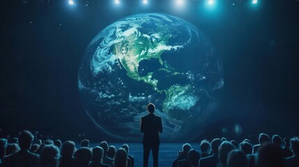 Engaging Public Speaker Delivering Inspirational Message to Captive Audience with Stunning Visuals of Earth Projected in Background