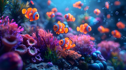 Fantasy cartoon underwater world with smilin. AI generated