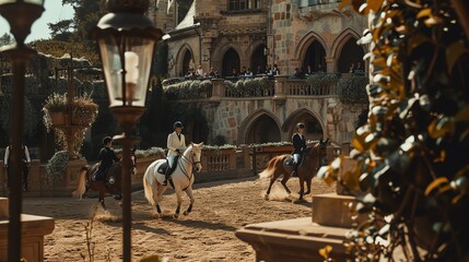 Fototapeta premium People on horseback ride in front of a large castle.