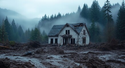 A house is completely buried in mud after an extreme debris flow in the Pacific Northwest forest