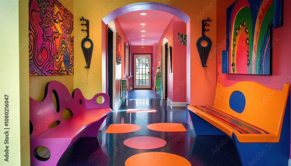 Poster vibrant colorful entryway showcasing pop art with creative seating and unique patterns in a brightly