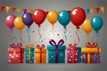 Balloon happy birthday banner, happy congratulations celebration anniversary luxury party shiny gold silver balloons and confetti banner poster.