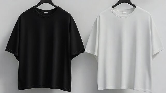 Two plain black and white oversized t-shirt hanging on an empty hanger	
