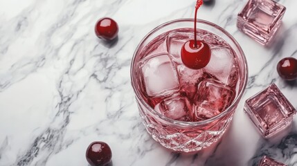 Refreshing cherry cocktail with ice cubes, garnished with a cherry on top, in a stylish glass on a marble surface