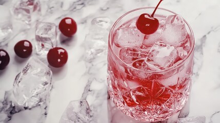 Refreshing cherry cocktail with ice cubes, garnished with a cherry on top, in a stylish glass on a marble surface