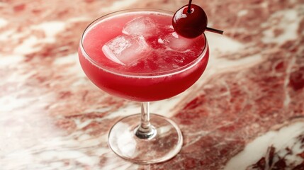 Refreshing cherry cocktail with ice cubes, garnished with a cherry on top, in a stylish glass on a marble surface