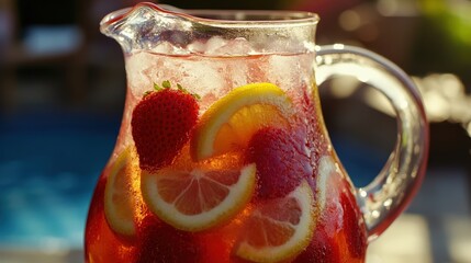 Refreshing strawberry lemonade in a glass pitcher, filled with ice and slices of lemon and strawberry