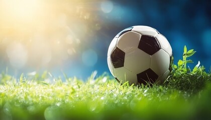 Fototapeta premium Classic Soccer Ball on Vibrant Green Grass, Illuminated by Golden Sunlight, Ideal Sports Imagery