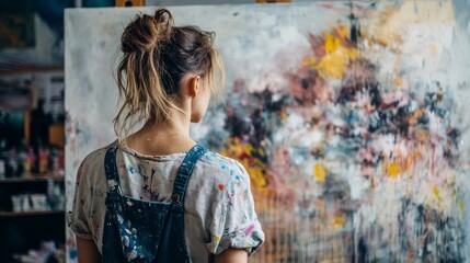 Fototapeta premium Intense artist amidst art in studio setting contemplating painting