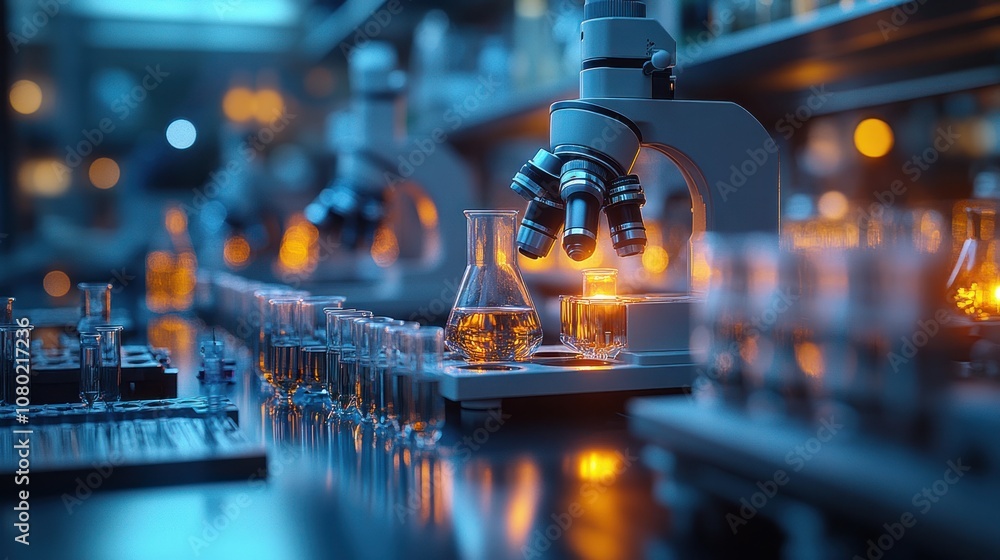 Poster laboratory scene with microscopes and glassware, illuminated.