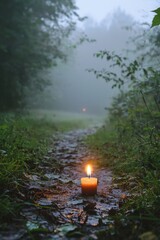Fototapeta premium A candle on a foggy path, represents guidance for an unknown journey