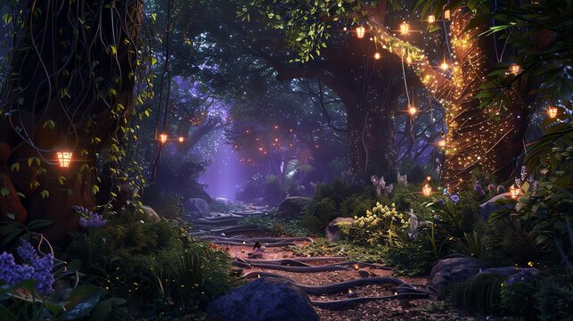 A magical forest with glowing fireflies and a stone path.