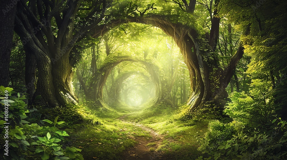 Poster a mystical forest with a path leading through a ring of trees.