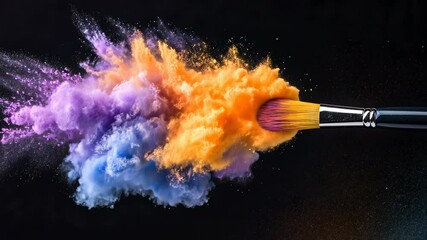 Paintbrush creating colorful powder explosion with hues on black background. Concept of creativity and artistic expression.