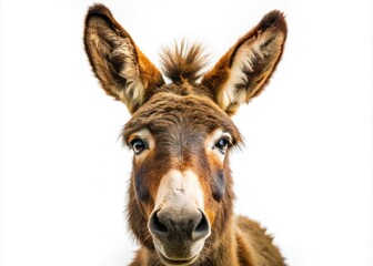 Obraz premium Brown Donkey Isolated on White Background - Macro Photography of a Cute Donkey with Detailed Features and Texture, Perfect for Animal Lovers, Educational Purposes, and Stock Imagery