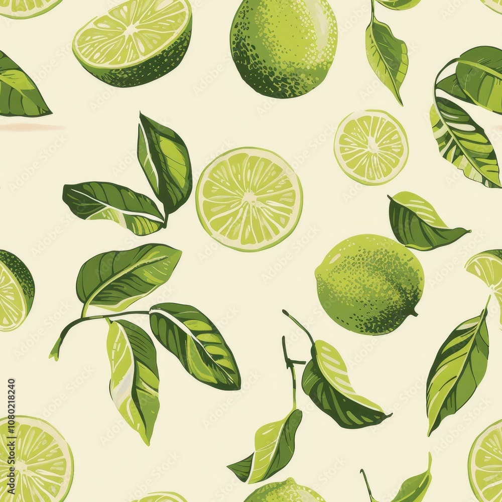 Poster minimalist seamless lime pattern design for fabric use, featuring fresh limes and leaves in a light 