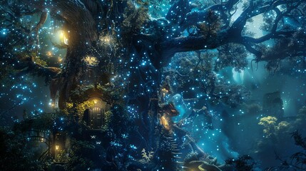 A magical forest with glowing flowers and fireflies at night.