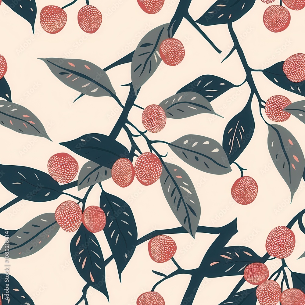 Poster minimal lychee pattern seamless design for fabric in soft colors featuring bold fruit and delicate l