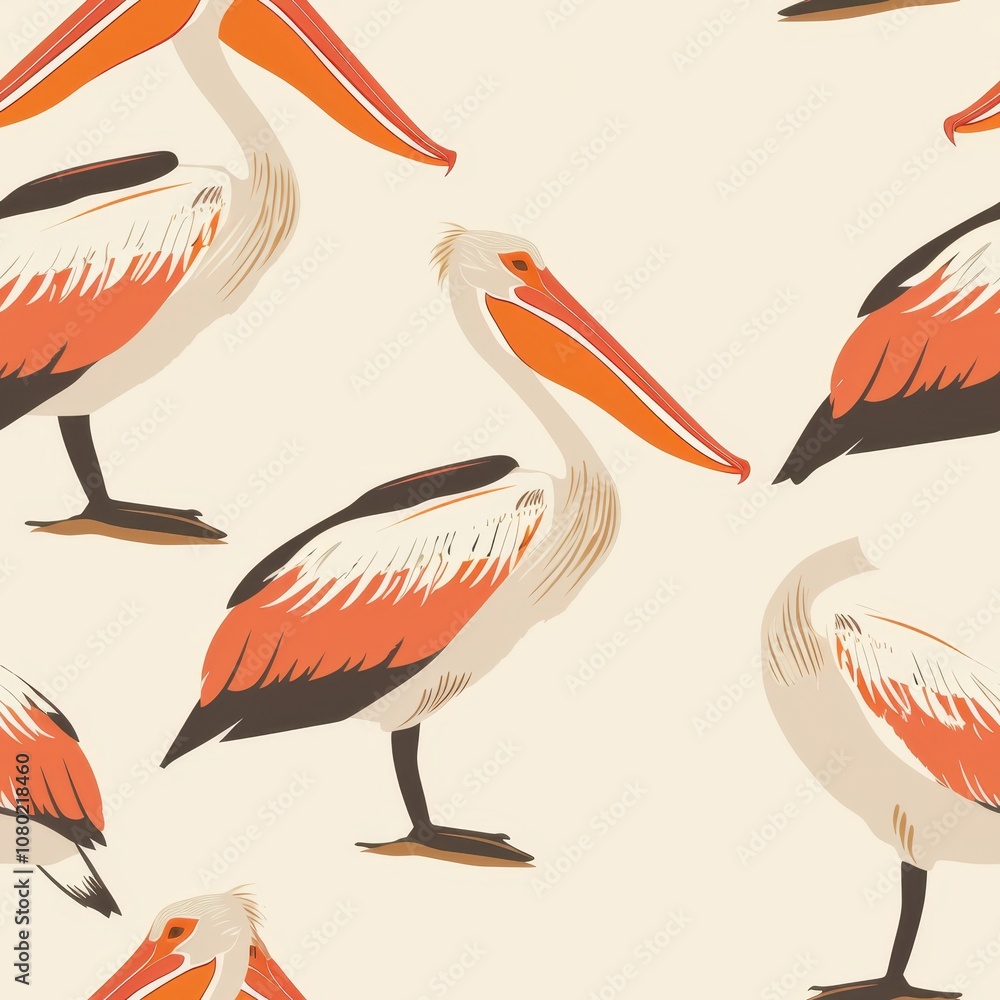 Poster minimal seamless pattern featuring elegant pelicans for fabric design and decorative applications in