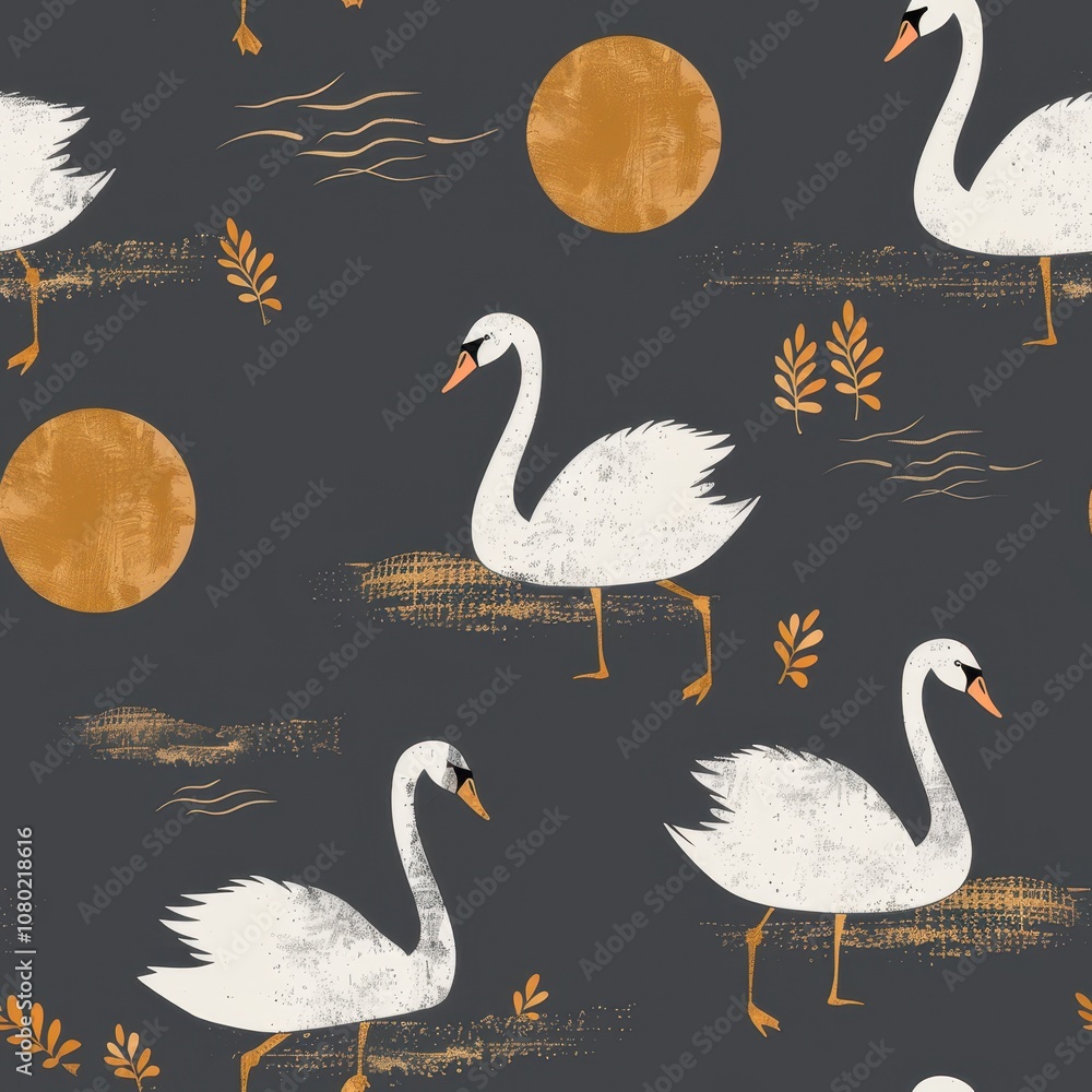 Poster elegant minimalist swan pattern with seamless design for fabric use featuring graceful swans and mod