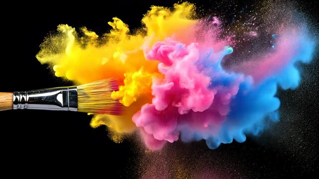 Paintbrush creating colorful powder explosion with hues on black background. Concept of creativity and artistic expression.