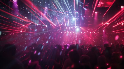 A crowd of people dance at a party with vibrant lights and a disco ball.