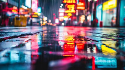 A rainy street scene with bright neon signs reflecting on wet pavement, deep artificial contrast, urban aesthetic