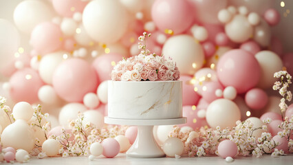 Fototapeta premium Elegant Floral Cake with Balloon and Rose Arch Decoration